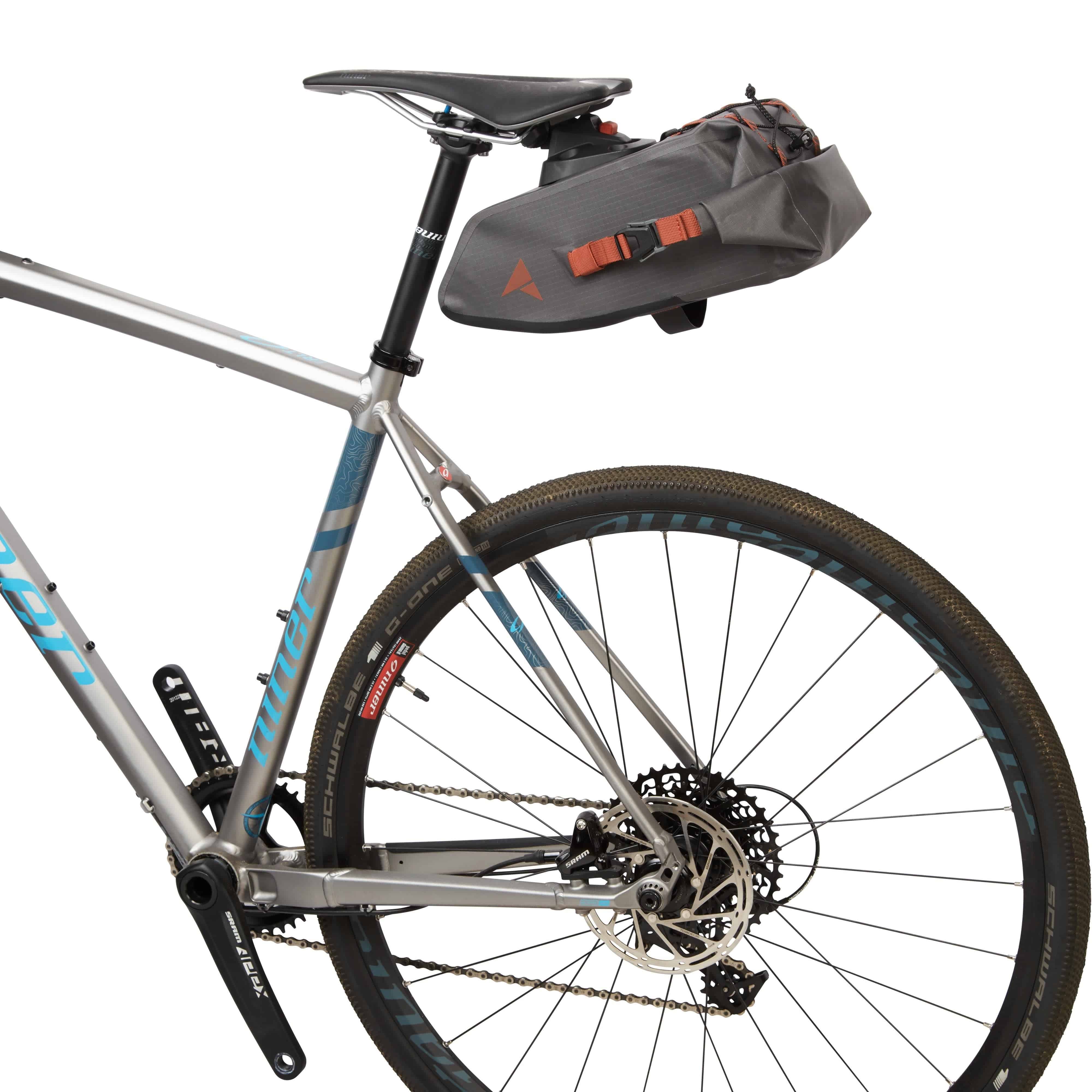 Altura Vortex waterproof 7L dropper seatpack with Rixen Kaul Klickfix system in grey, designed for bike accessories storage.