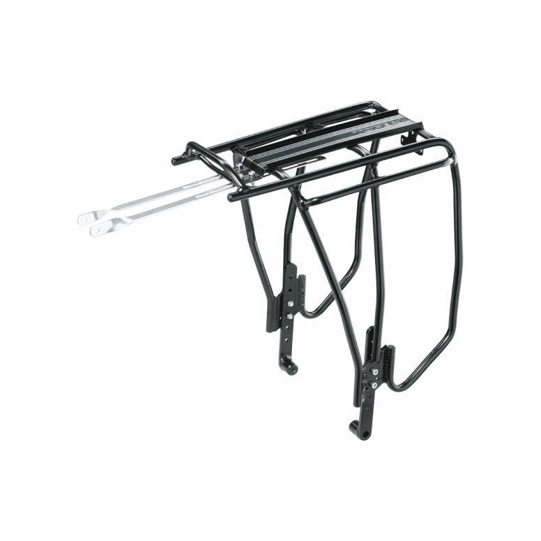 Topeak Uni Super Tourist fat bike disc brake rack with MTX QuickTrack compatibility, showcasing the sturdy metal construction and mounting features.