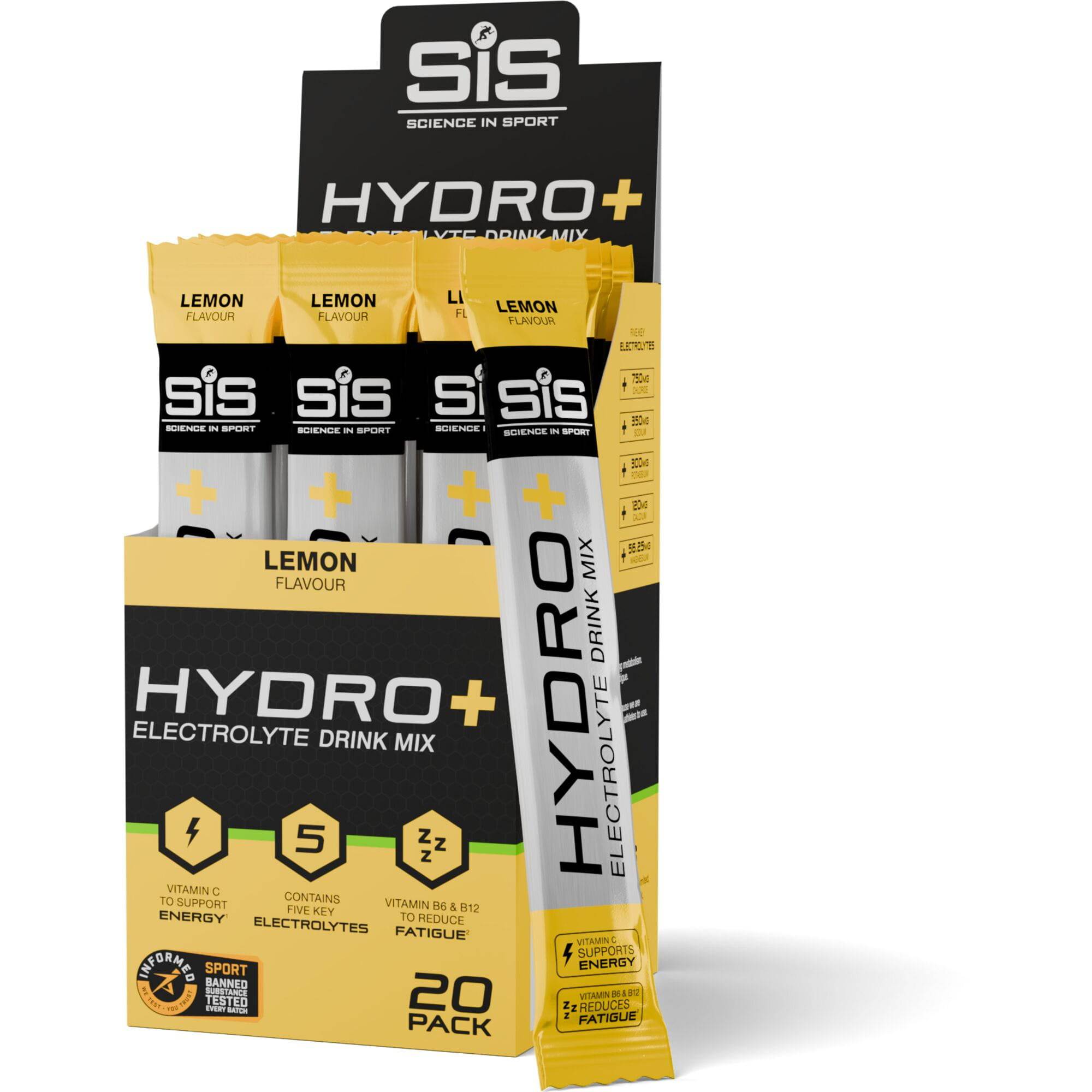 Science In Sport Hydro+ Lemon electrolyte stick powder for hydration and energy, shown in a close-up of the packaging.