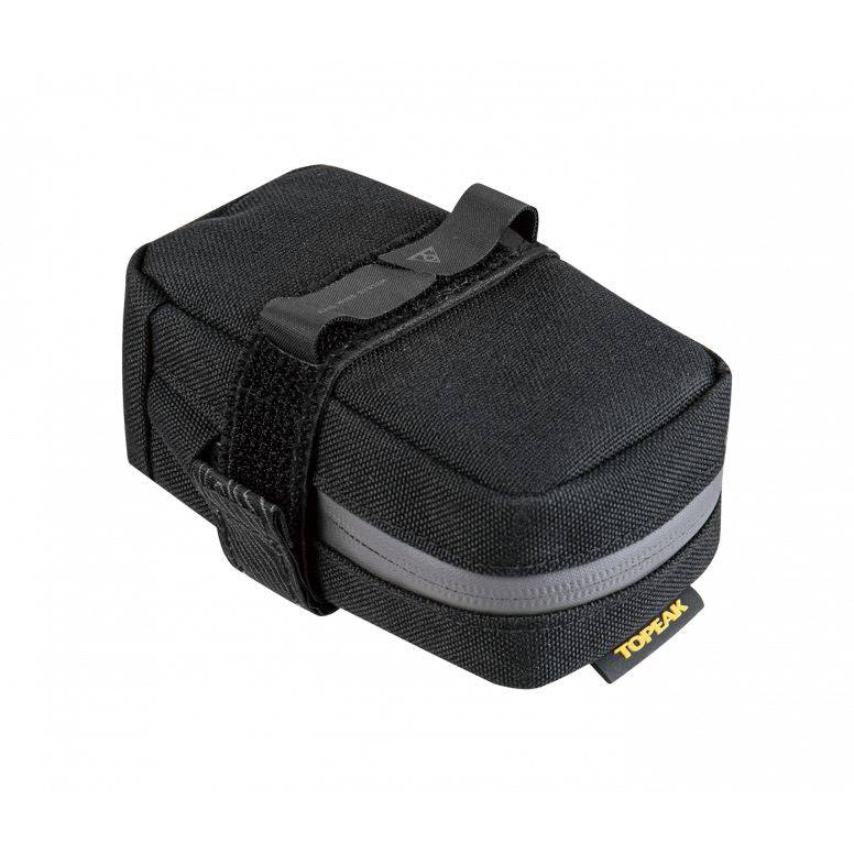 Topeak Elementa seatbag attached to a bike saddle, compact bike saddle bag for tools and inner tubes, accessories for cycling.