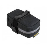 Topeak Elementa seatbag attached to a bike saddle, compact bike saddle bag for tools and inner tubes, accessories for cycling.