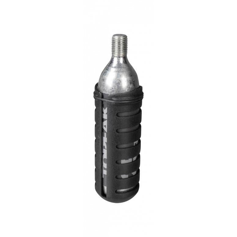 Topeak AirBooster Nano CO2 inflator with 25g cartridge, black, for Presta and Schrader valves, accessory for bike tires.