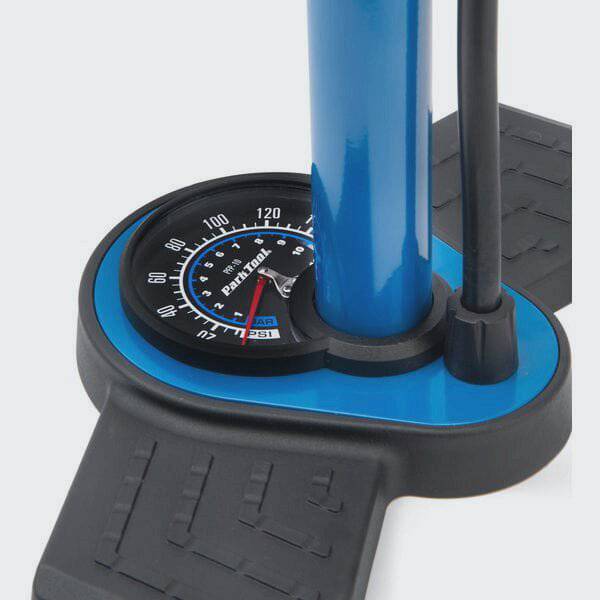 Park Tool PFP-10 home mechanic floor pump with universal head for Presta and Schrader valves, shown with a digital display and sturdy base.