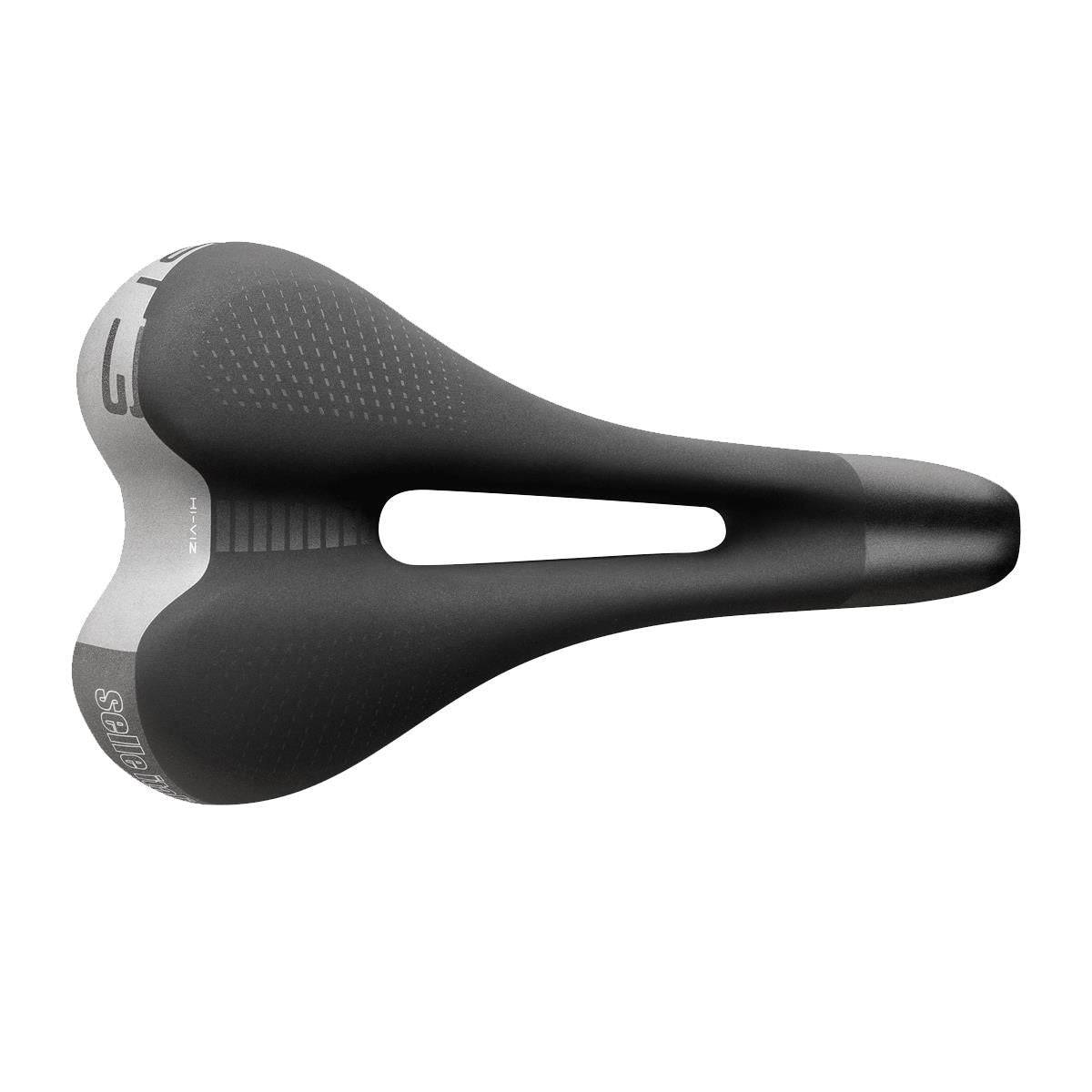 Selle Italia ST3 Superflow commuter saddle in black with hi-viz reflective inserts, designed for comfort and visibility on bikes.