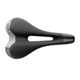 Selle Italia ST3 Superflow commuter saddle in black with hi-viz reflective inserts, designed for comfort and visibility on bikes.