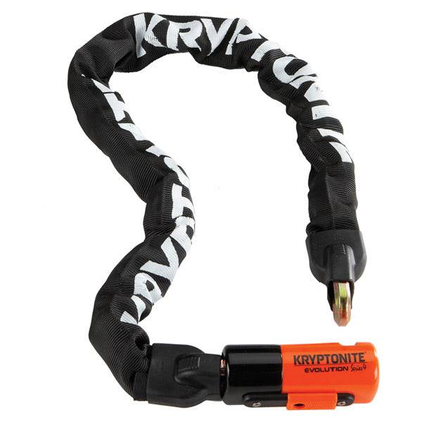 Kryptonite Evolution 1090 integrated chain lock, 10mm thick, 90cm long, with Sold Secure Gold rating, black and silver design.