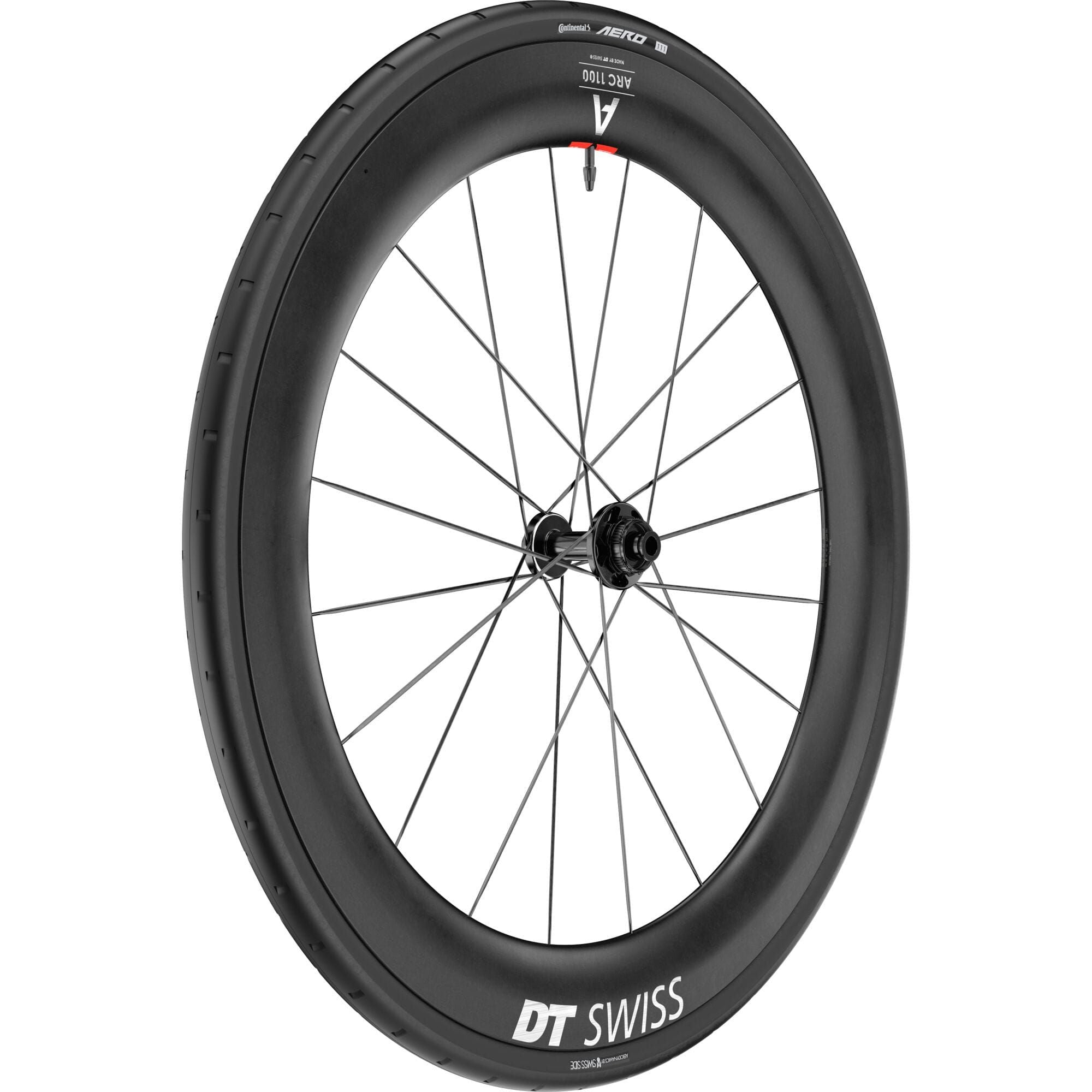 DT Swiss ARC 1100 DICUT front disc brake carbon clincher wheel with 65x22mm profile and included tire for high-performance cycling.
