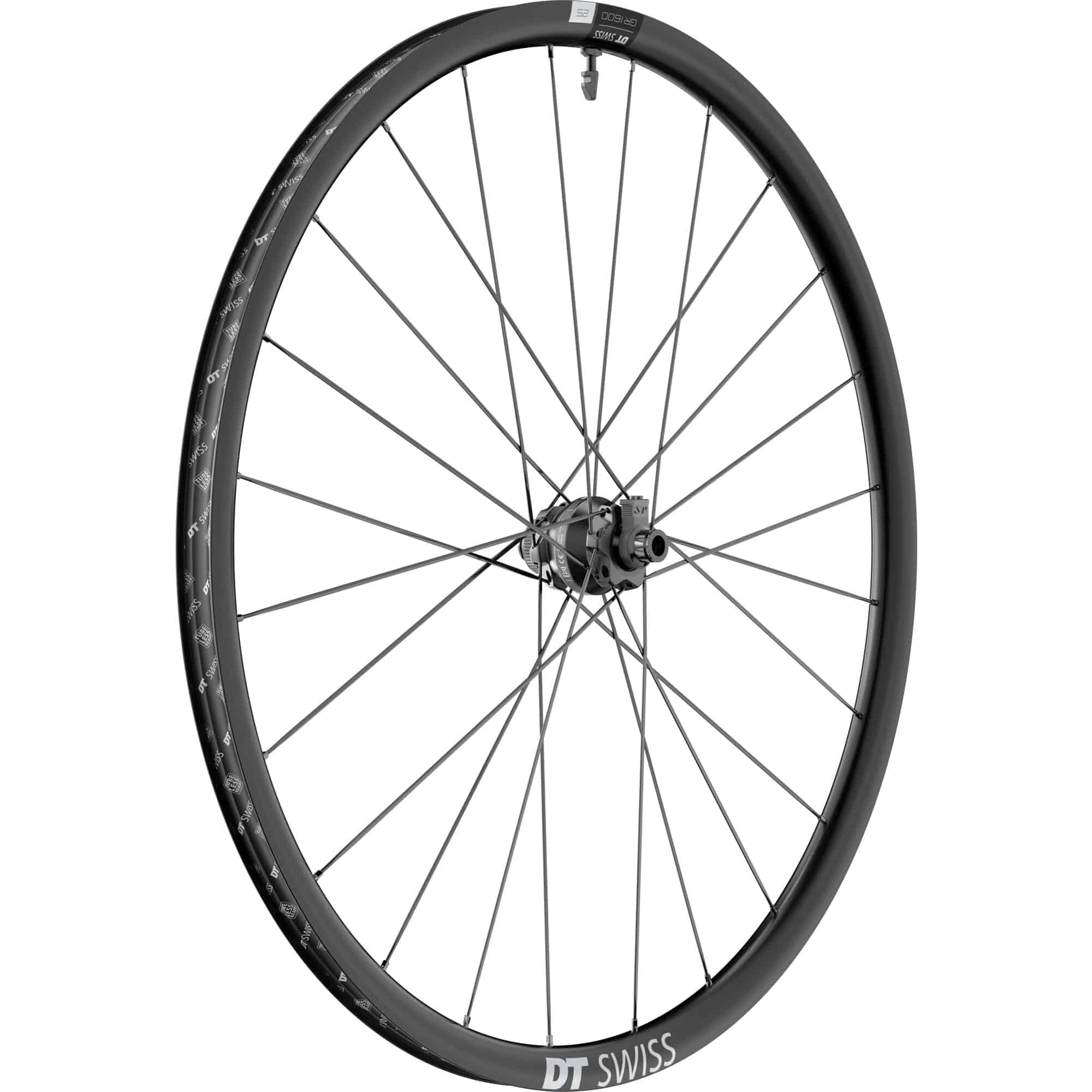 DT Swiss GR 1600 SPLINE 700c front dynamo disc brake wheel with clincher 25x24mm, showcasing the wheel's rim, spokes, and disc brake mount.