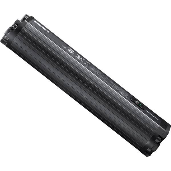 Shimano STEPS BT-E8035 504Wh e-bike battery mounted on frame down tube in black, showcasing integrated design and brand logo.