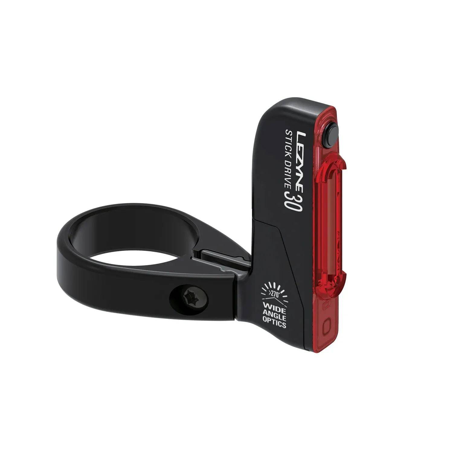 Lezyne Stick Drive seat clamp with integrated rear LED light, fits 34.9-35.4 mm bicycle seat posts, black color.