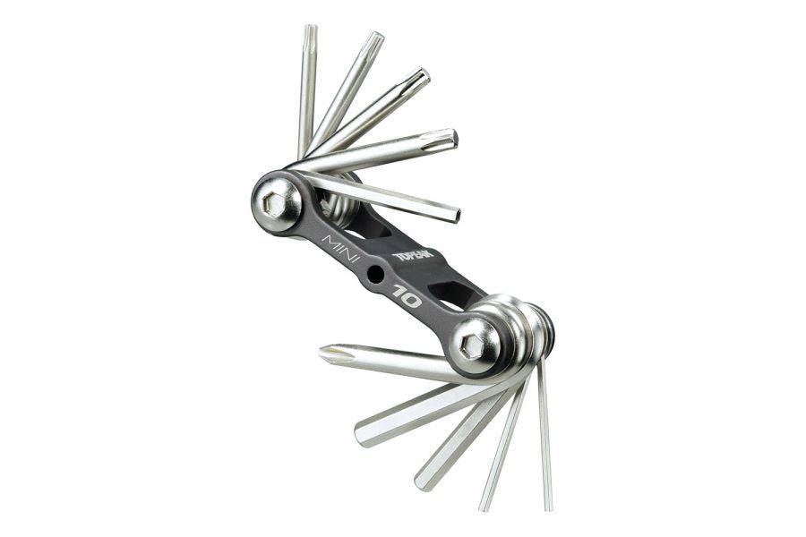 Topeak Mini 10 compact bike multi-tool in black and silver with 10 hardened steel tools for bike repairs.