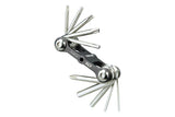 Topeak Mini 10 compact bike multi-tool in black and silver with 10 hardened steel tools for bike repairs.