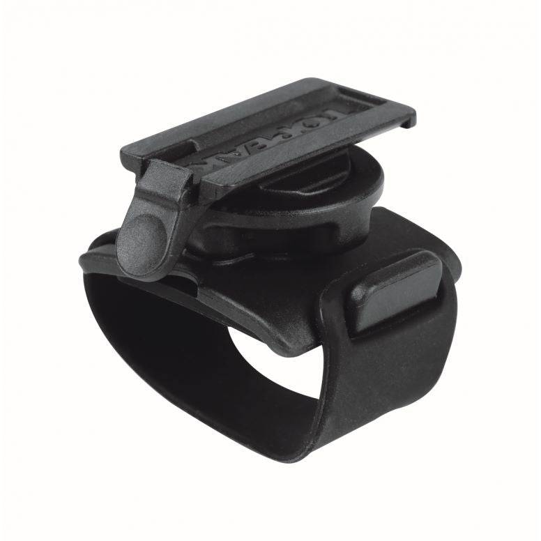 Black Topeak Omni Ridecase II bike phone mount attached to bike stem, showing secure phone holder and multi-mount design.