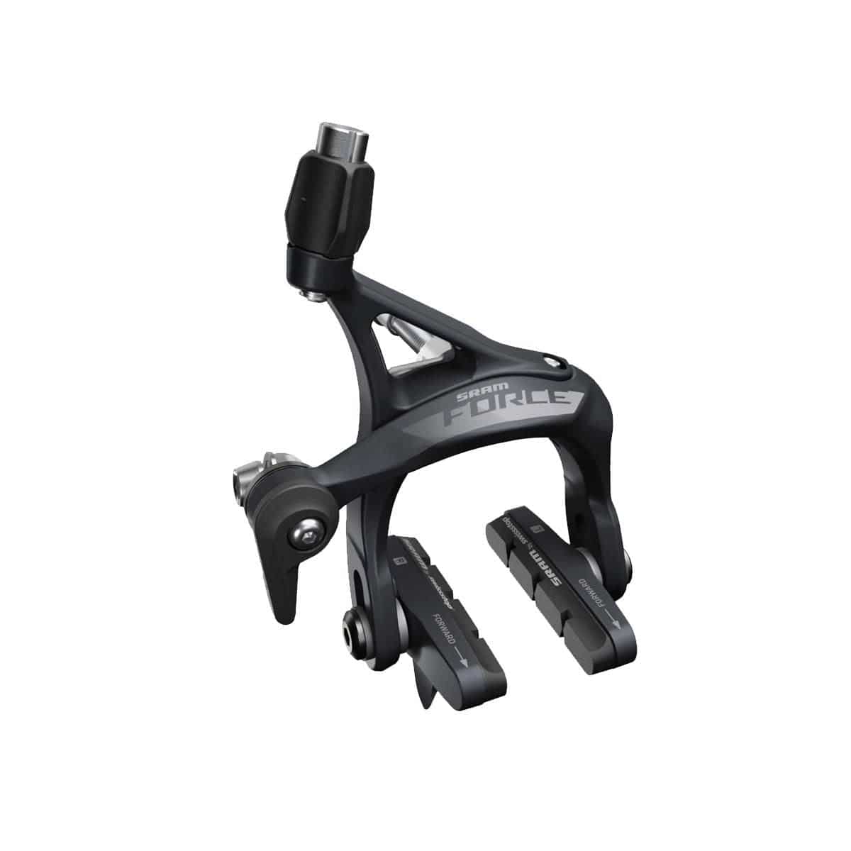SRAM Force D1 road bike brake caliper with SwissStop pads and 28c tire clearance, close-up of component mounted on bike frame