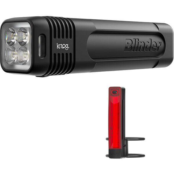Knog Blinder Pro 600 front and rear cycling lights set with bright LED lights and adjustable straps for bike safety.
