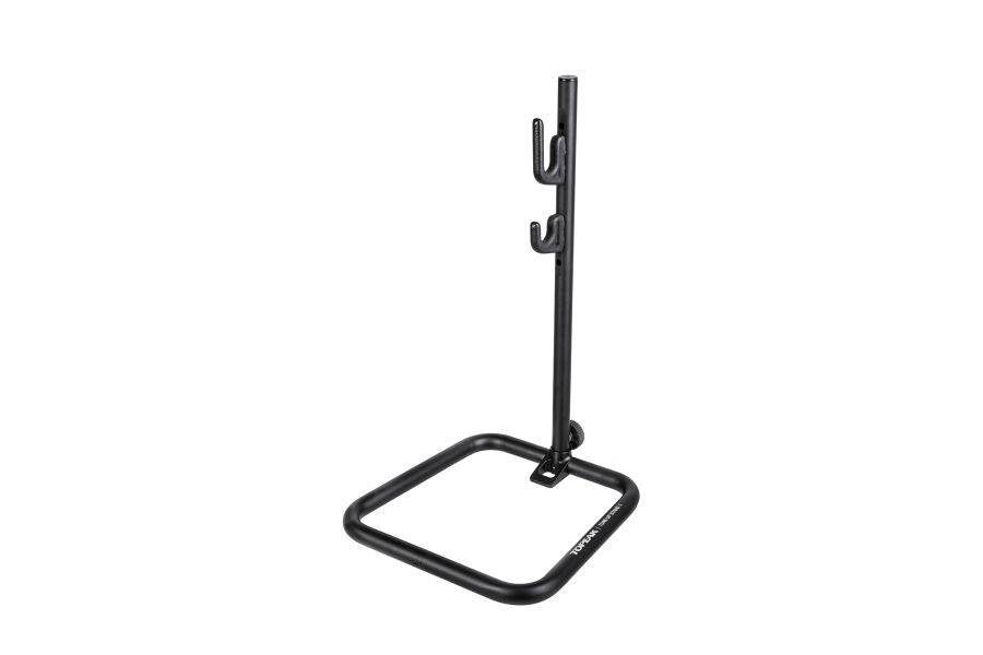 Topeak Tune-up Stand X for eBikes and heavy-duty bikes, adjustable black workshop repair stand, holding a bike for maintenance.