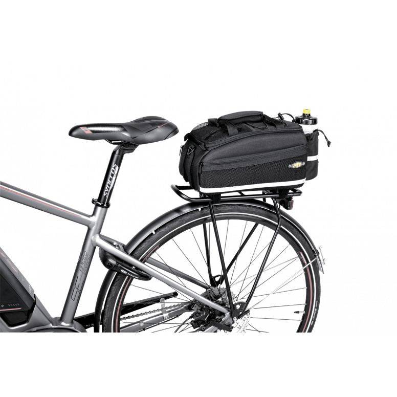 Topeak MTS TrunkBag EX 8L black bike rack bag with weather-resistant fabric and Velcro mounting system for cycling accessories.