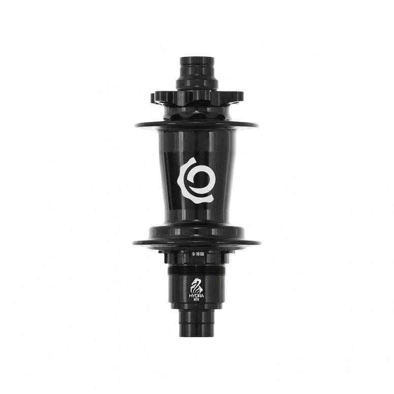 Crankbrothers I9 Hydra rear hub with 32 spokes, boost 148mm x 12mm, black mountain bike component showing the hub and axle.