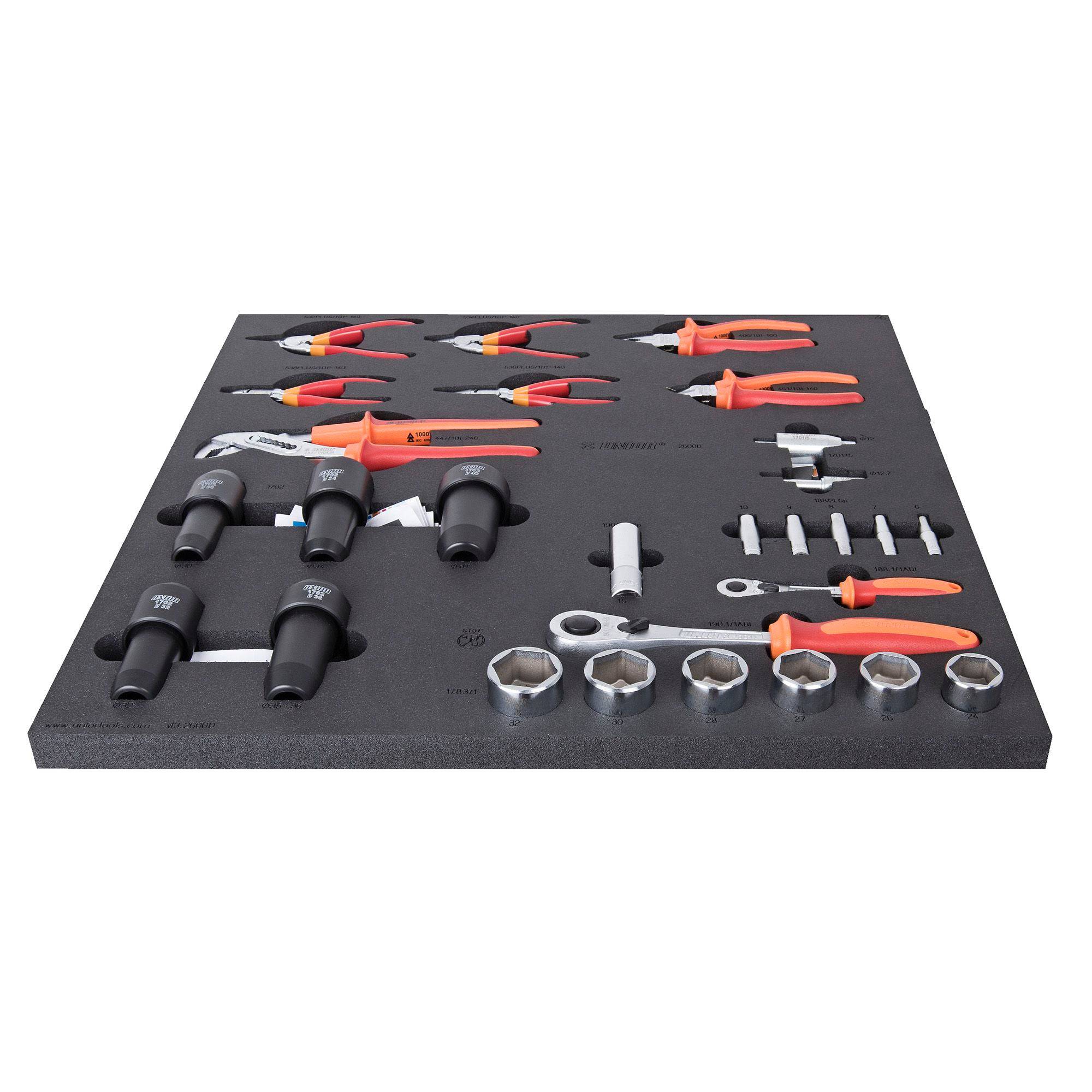 UNIOR Workshop Tool Set in Tray 3 for 2600D, professional hand tools in a red tray, ideal for workshop use