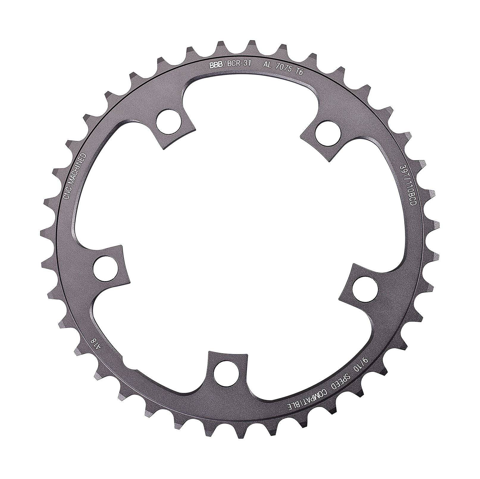 BBB CompactGear chainring for 2x9/10-speed Shimano road bikes, 110 BCD, 5-arm design, compatible with BCR-31 components.