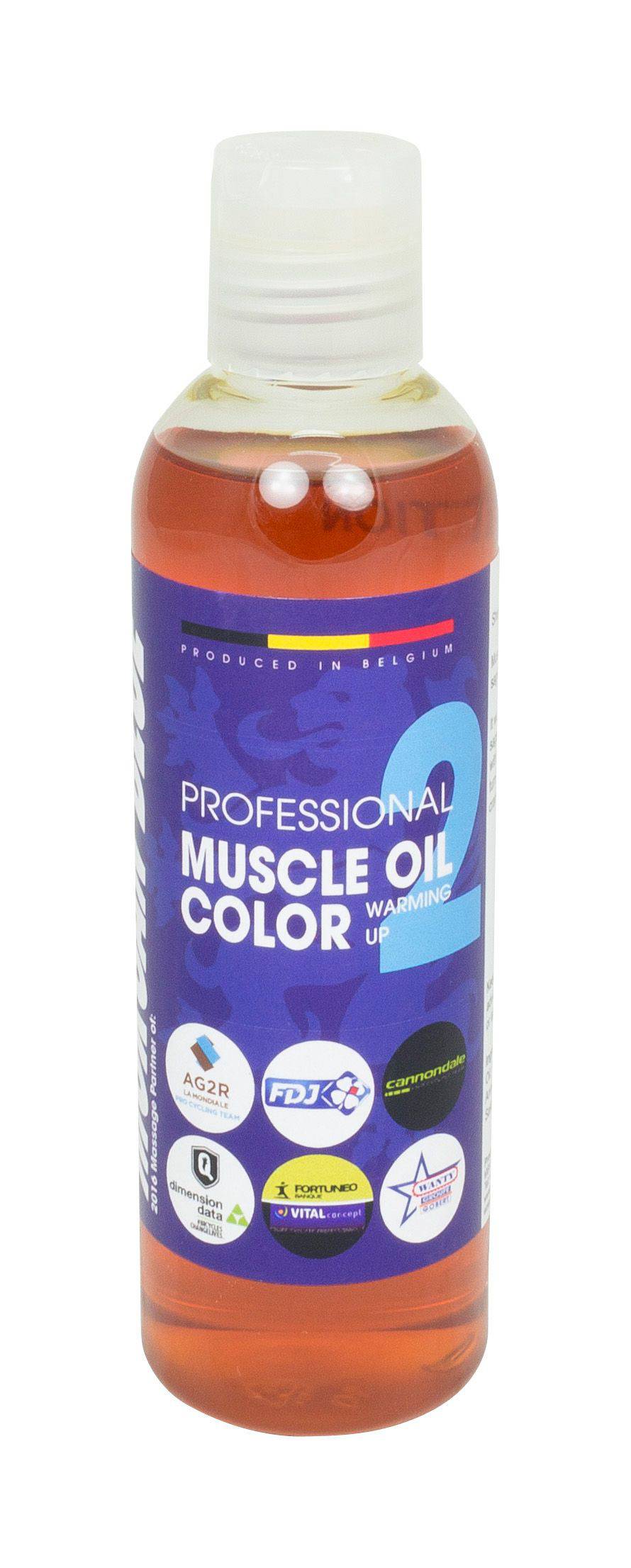 Morgan Blue Muscle Oil Colour 2 natural pre-sports warming oil in a small bottle, used for muscle relief and warming before exercise.