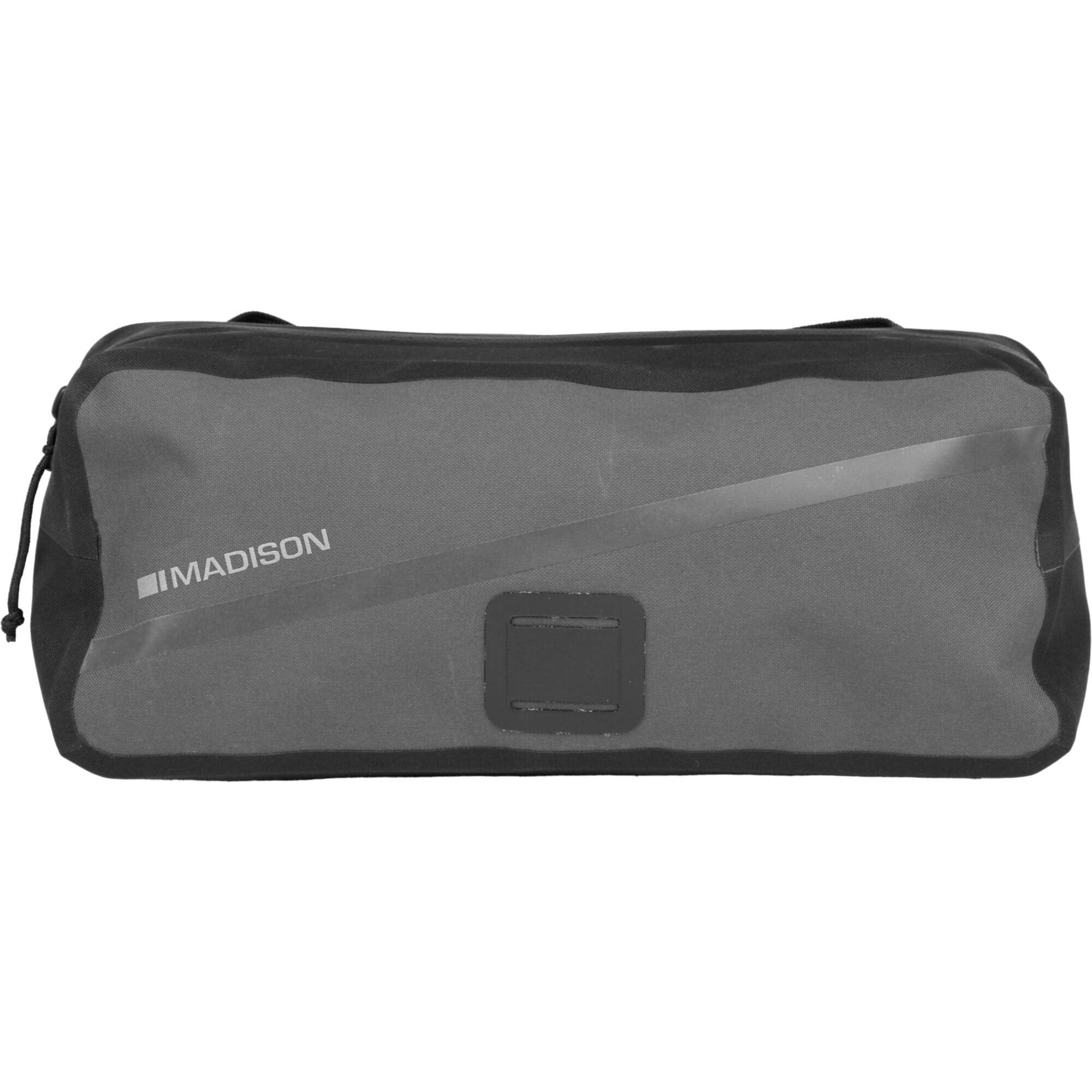 Madison Bags Roam waterproof handlebar bag with elastic strap mount and reflective trim for bike accessories.