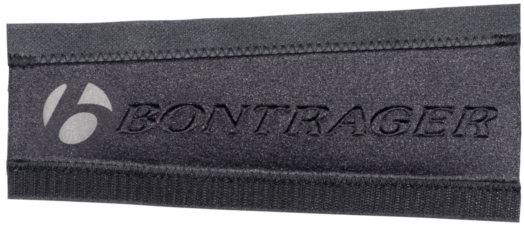 Bontrager black long chainstay protector on bike frame, designed to reduce noise and protect the chainstay from damage.