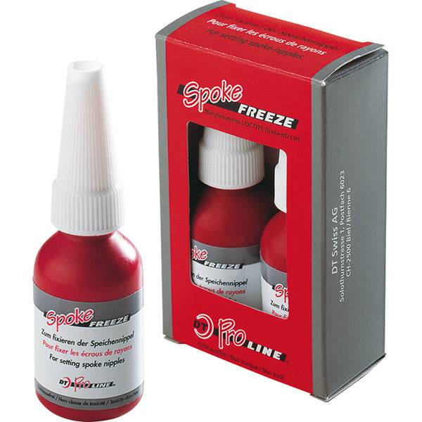 DT Swiss Proline Spoke Freeze Threadlocker for Nipples, workshop pack of 2 x 10 ml bottles, used for securing bicycle spokes and nipples.