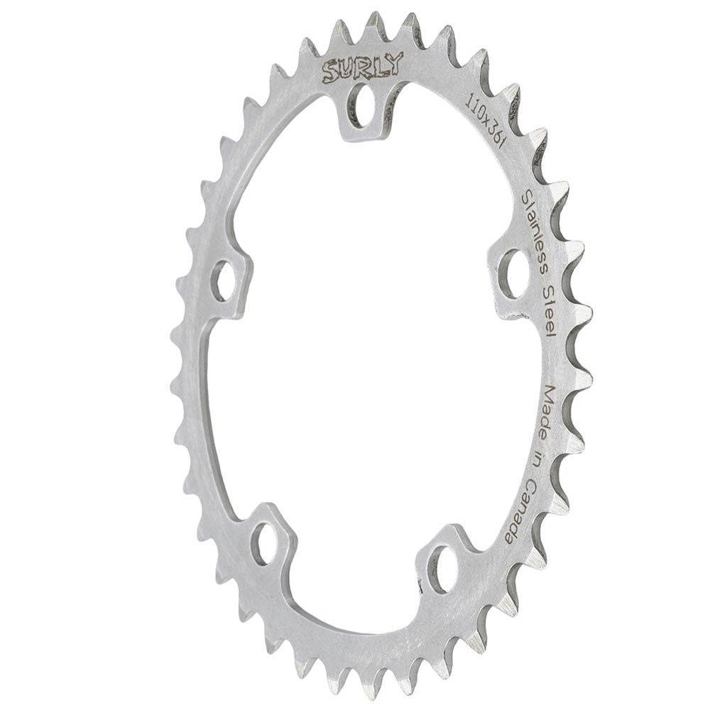 Surly stainless steel 5-arm chainrings for MTB single ring setup, 110 BCD, shown with close-up of the component's details.
