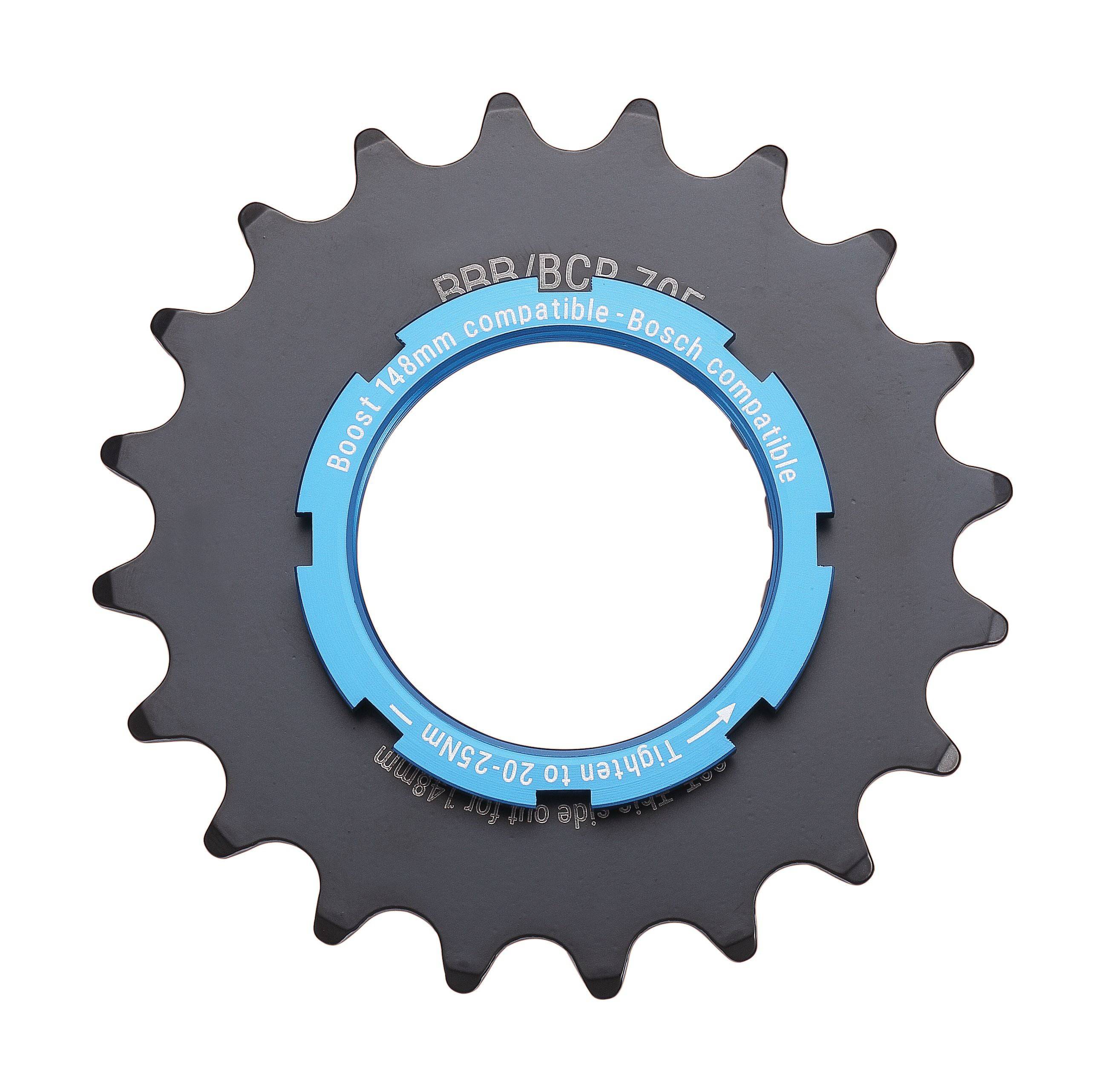 BBB Chain Ring Ebike Sprocket with Boost Adapter and Lockring for Bosch 8-11 Speed bicycle components, showing sprocket and hardware.
