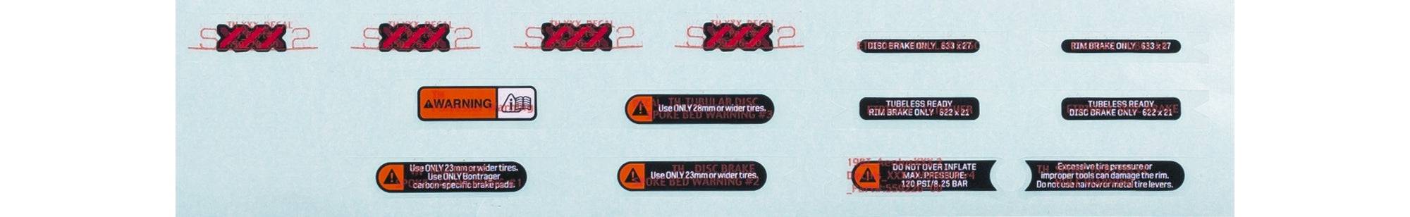 Bontrager Aeolus XXX 2 wheel decals showing sleek red and black design for bike wheel customization and replacement.