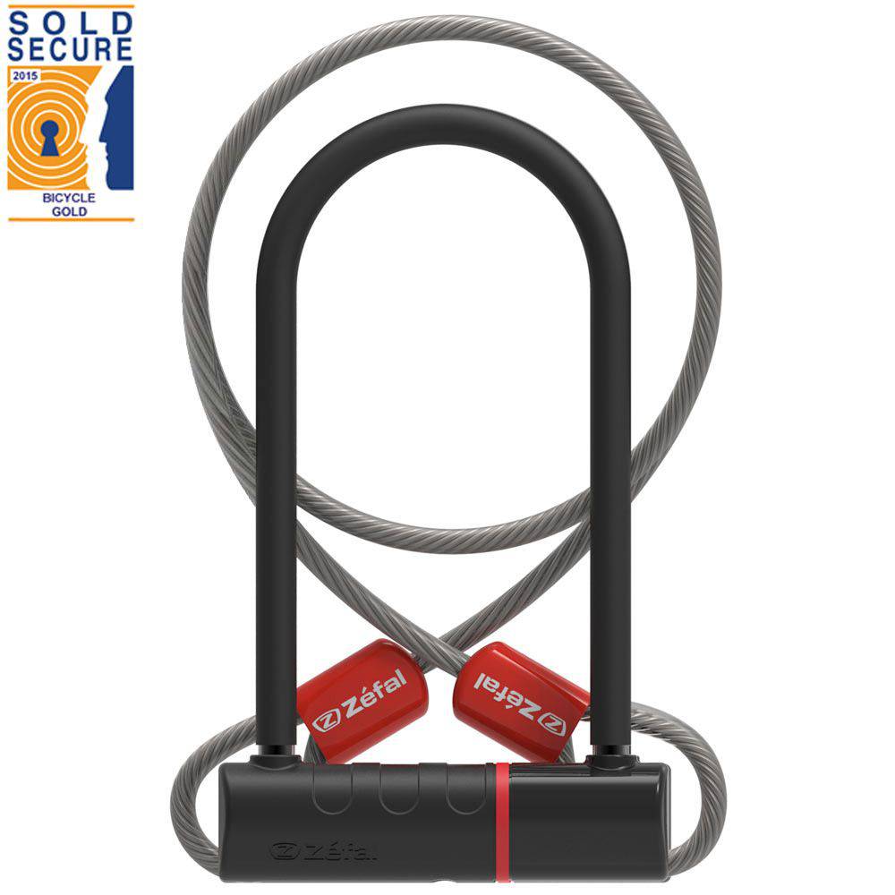 Zefal D-Locks K-Traz U17 cable U-lock with vinyl-covered cable securing a bicycle for safety.