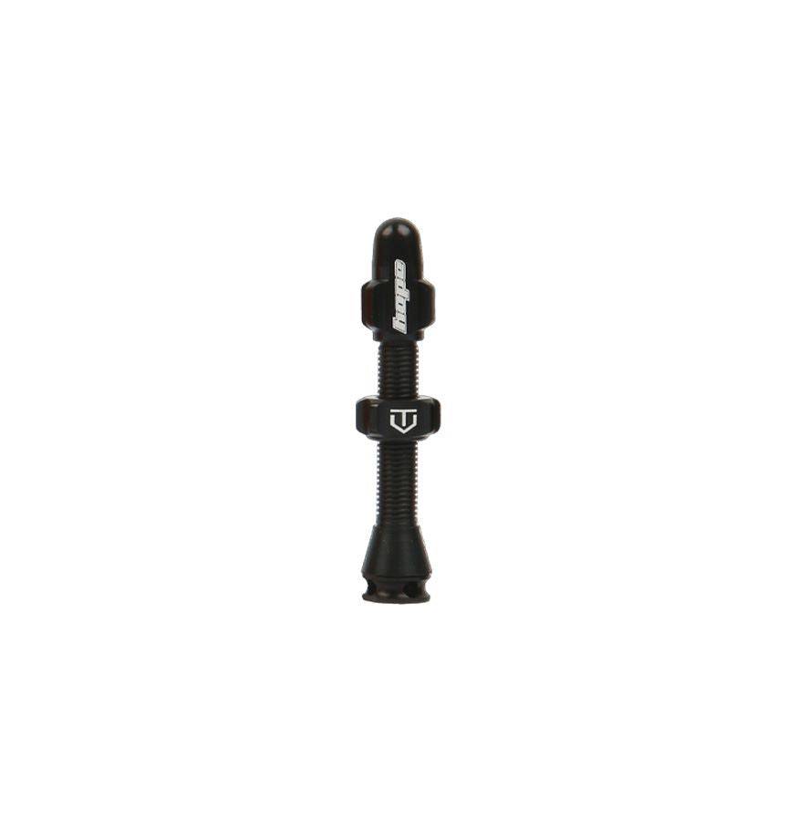 Hope tubeless valve with removable Presta core for tubeless bicycle wheels, showcasing the metal construction and valve stem.