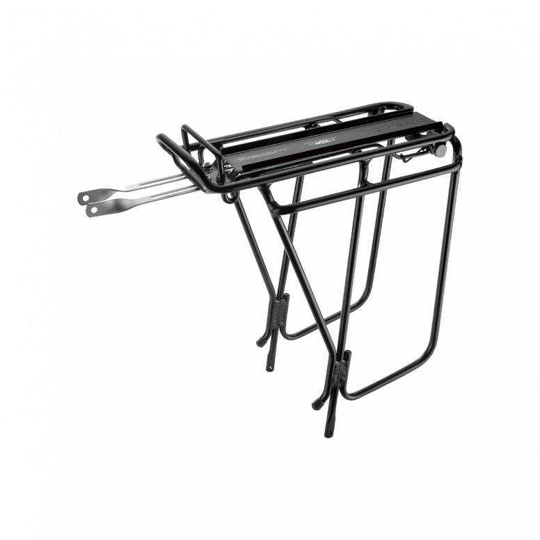 Topeak Super Tourist DX rear bike rack in black with spring clip, designed for 26-29 inch wheels, non-disc brake compatible.