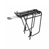 Topeak Super Tourist DX rear bike rack in black with spring clip, designed for 26-29 inch wheels, non-disc brake compatible.