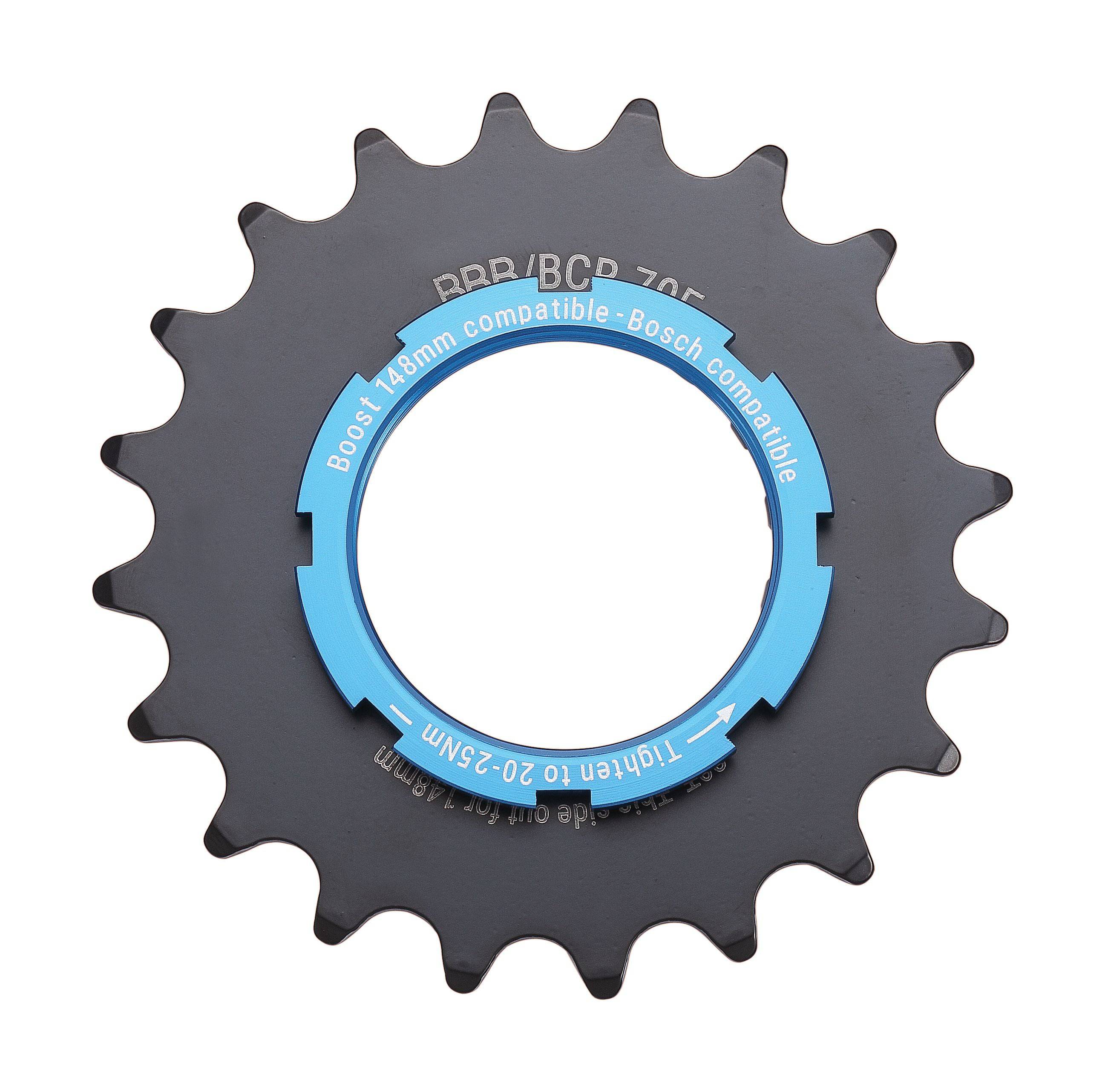 BBB Chain Ring Ebike Sprocket with Boost Adapter and Lockring for Bosch 8-11 Speed e-bike components, shown with installation details.