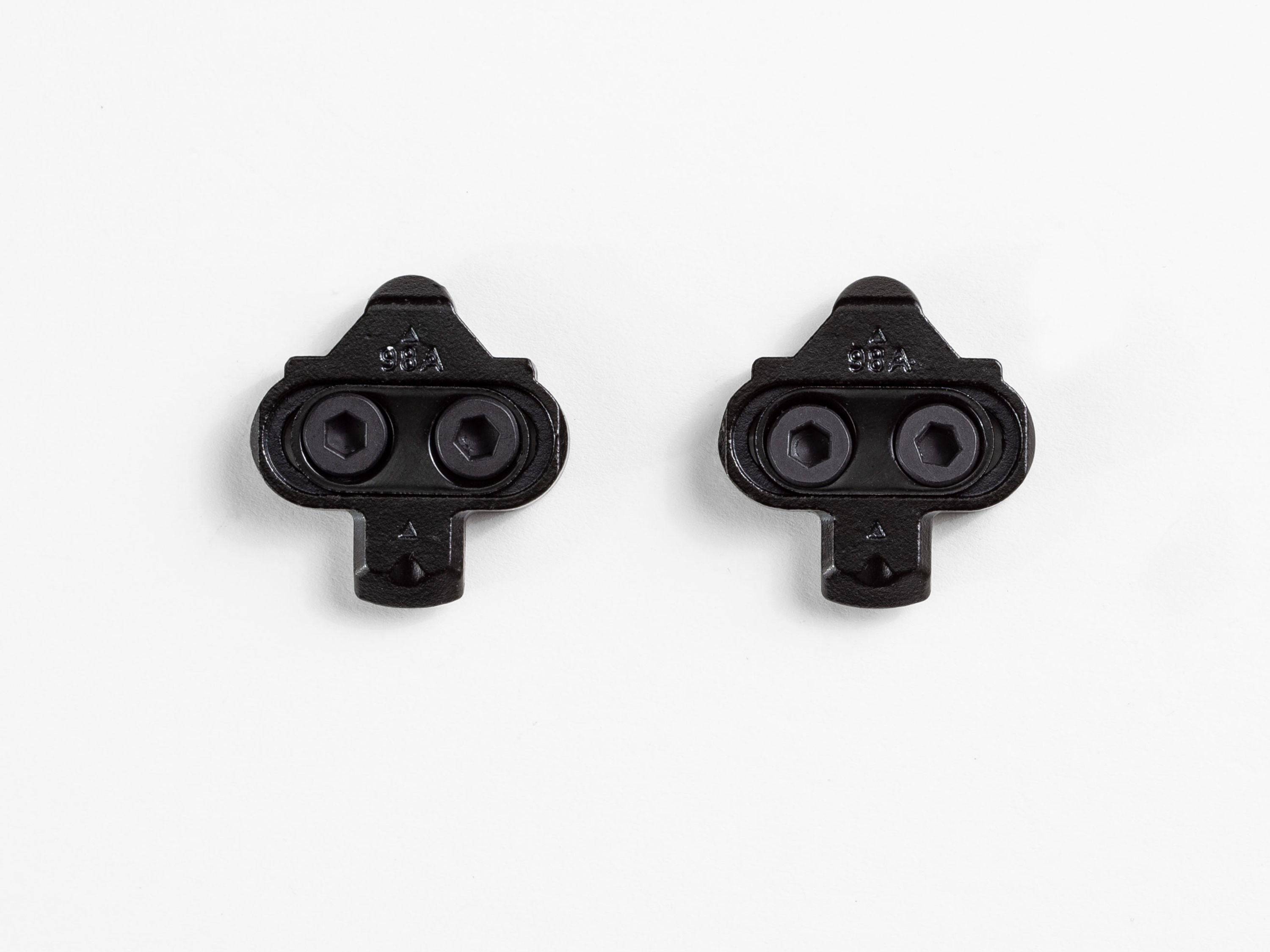 Bontrager MTB clipless pedal cleat set in black for 2-bolt SPD pedals, shown mounted on a bicycle pedal.