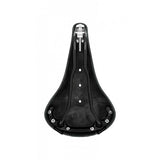 Brooks B17 leather bike saddle with black steel rails, designed for long-distance comfort and durable cycling components.
