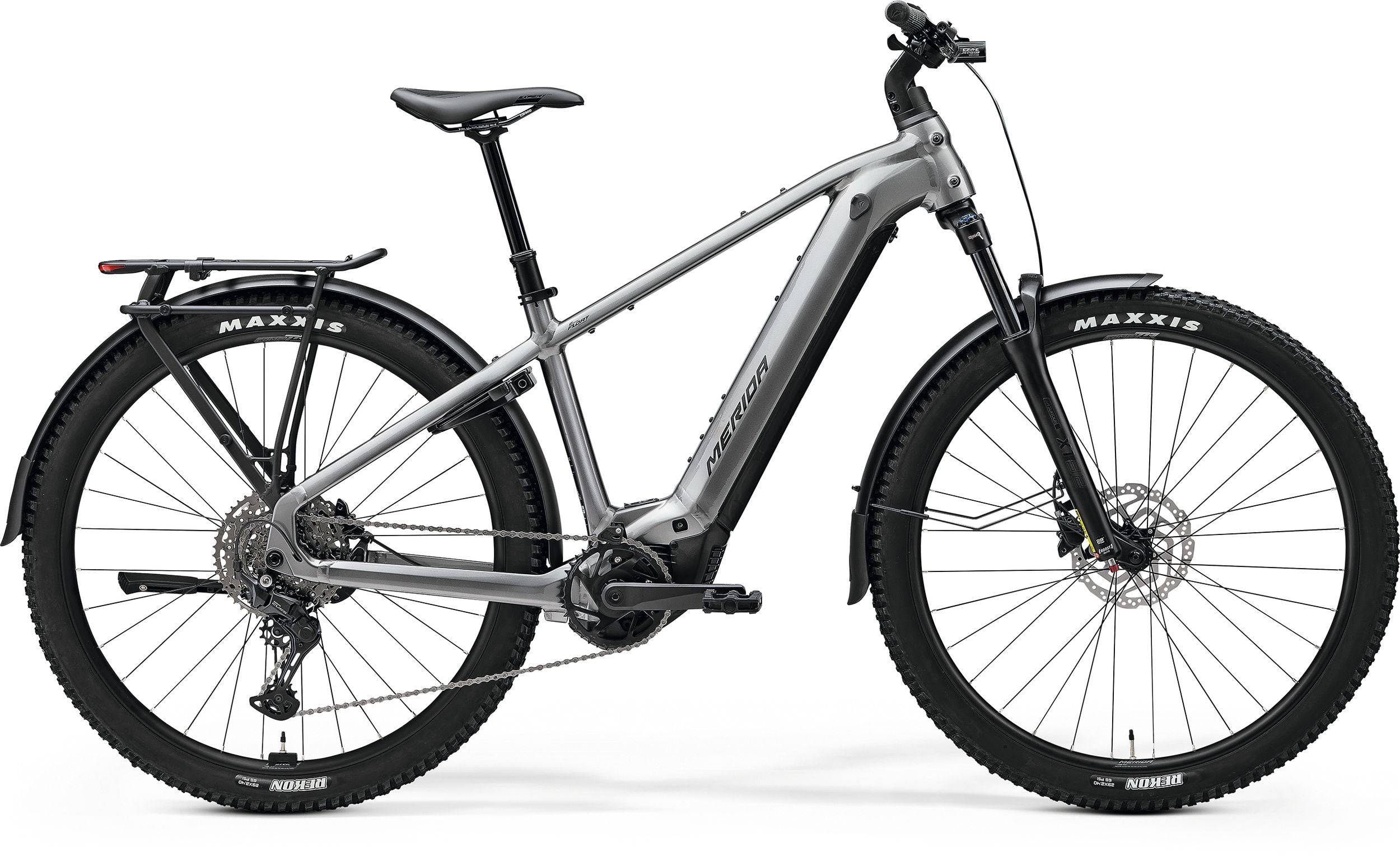 Merida eFloat CC 500 EQ MY26 electric hybrid bike with Bosch CX motor, 800Wh battery, suspension, MTB tires, and accessories.