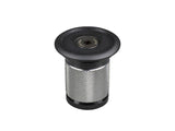 Black Bontrager headset expander plug and top cap for 1-1/8 inch carbon fiber steer tubes on Trek bikes.