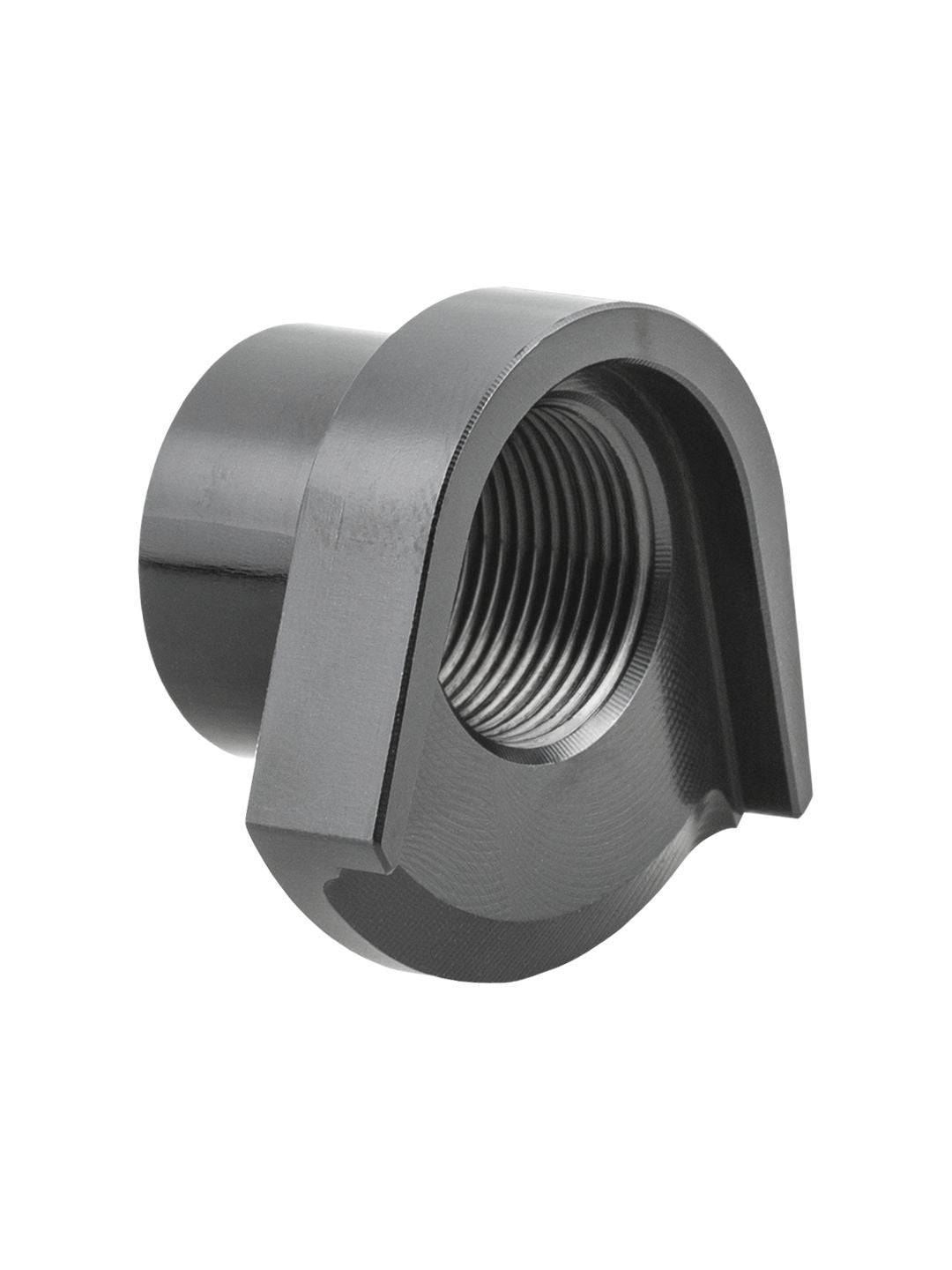 Black Trek 2022 ABP UDH non-drive dropout guide nut for suspension upgrade, shown on a bicycle component.