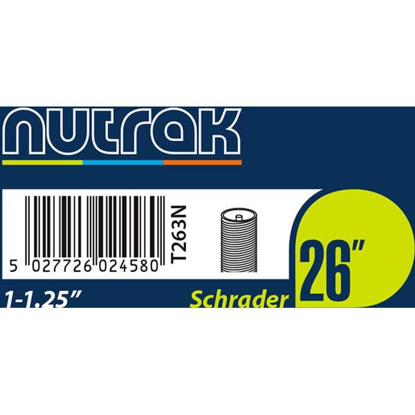 Nutrak bike inner tube with Schrader valve, 26 x 1 - 1.25 inch, designed for bike tires, showing the tire and valve stem.
