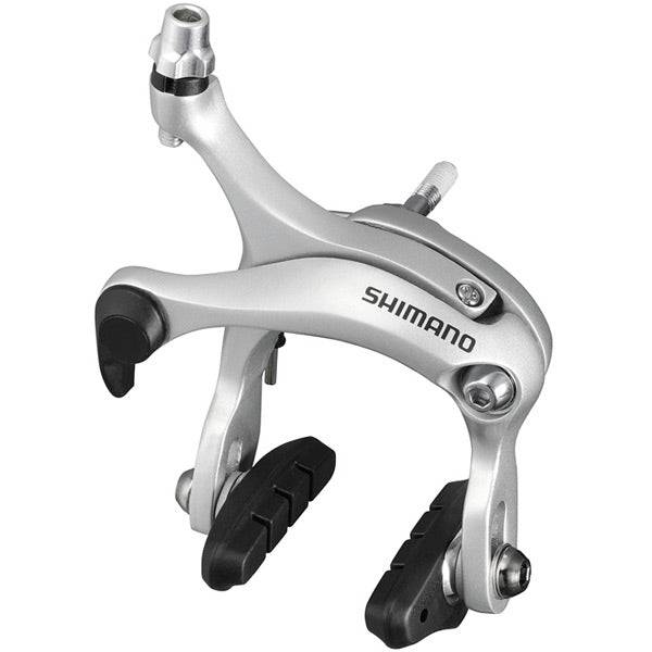 Shimano Tiagra R451 57mm road bike caliper brakes with Super SLR dual pivot mechanism mounted on a bike wheel.