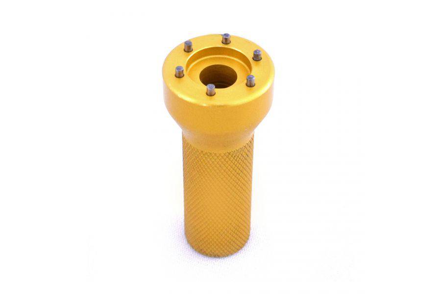 Enduro Bearings yellow crank cap tool for FSA, Cannondale, and Zipp cranksets, used for installing and removing crank caps.