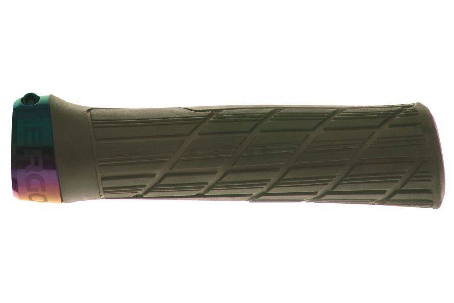 Ergon GE1 Evo Factory ergonomic downhill mountain bike grips on wide riser handlebars, designed for comfort and control.