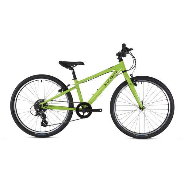 Ridgeback Dimension 24 kids bike with 7-speed Shimano gears, suitable for children 140-150cm tall, black and blue frame.