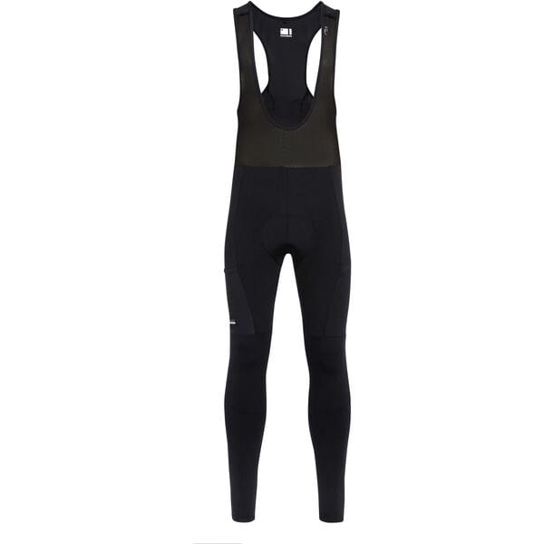 Madison Roam men's DWR water-repellent cargo bib tights with multiple pockets, designed for outdoor activities and cold weather.