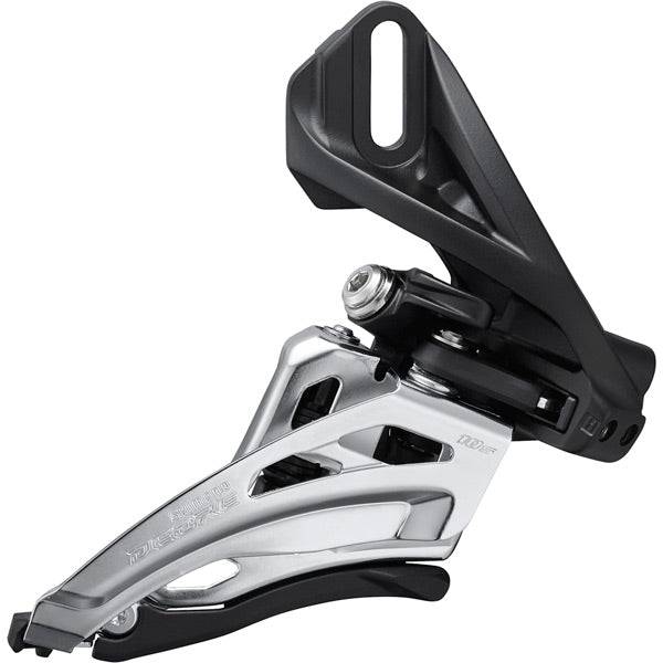 Shimano Deore FD-M4100-D 10-speed double side swing front derailleur mounted on bicycle frame, showcasing direct mount design.