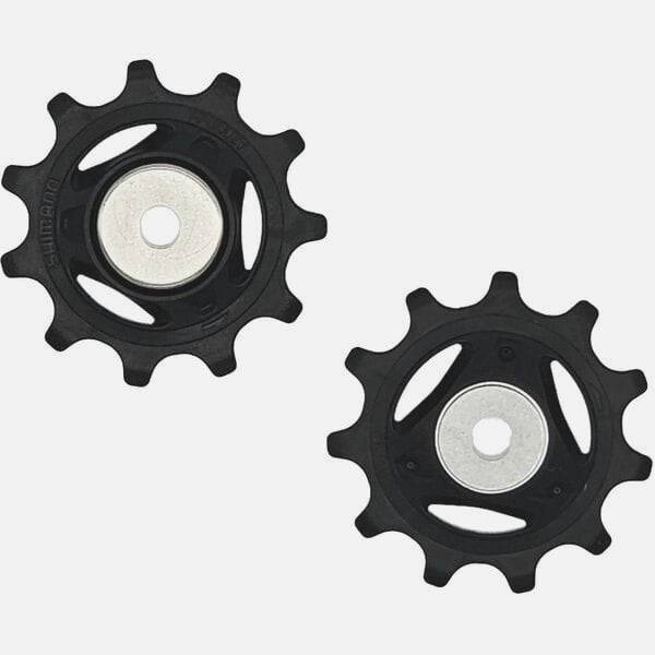Shimano 105 RD-R7100 rear derailleur tension and guide pulley set for bike components, in black with metal pulleys.