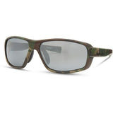 Madison Eyewear Target Camo Polarized Sunglasses with three lenses in silver mirror, bronze, and yellow, featuring a stylish camouflage design.
